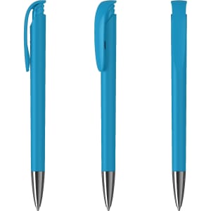 A blue metal pen with a high gloss finish, featuring a clip on one side and a simple design.
