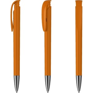 An orange metal pen with a high gloss finish, featuring a clip and sleek design. It includes a logo on the body.