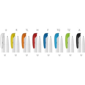 A set of plastic pens in various colours, featuring a white barrel and a branding logo.