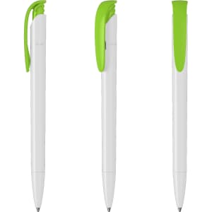 Three plastic pens with white bodies and bright green accents, featuring a logo on the side.