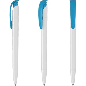 A white plastic pen with a blue cap and clip, featuring a smooth design and a logo.
