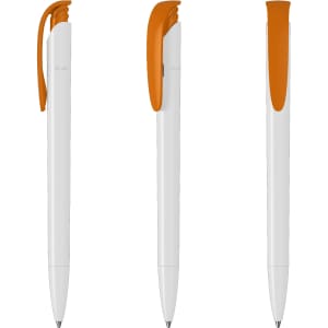A white pen with an orange clip, featuring a smooth barrel and a logo. Multiple angles displayed.