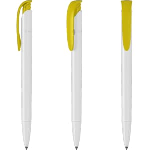 A white plastic pen with a bright yellow clip, featuring a logo on the barrel.