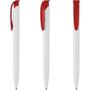 A white pen with a red clip and tip, featuring a logo on the side. It has a sleek, modern design.