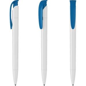 A set of white plastic pens with blue accents, featuring a sleek design and a logo on each pen.