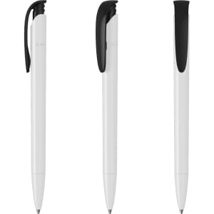 A set of white plastic pens with black caps and clips, featuring a logo on the barrel.