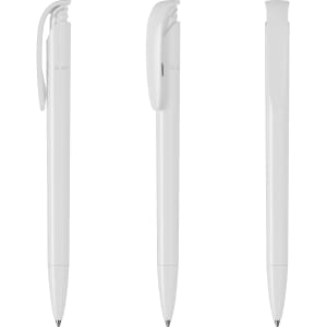 A set of white plastic pens with a smooth design, featuring a clip and a logo on the side.