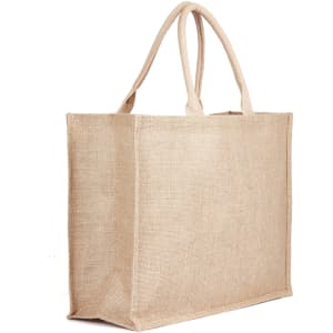 A natural jute bag in a light beige colour, featuring double handles and a simple, unadorned design.