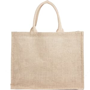 A natural jute bag in beige with two handles and a simple, unadorned design.