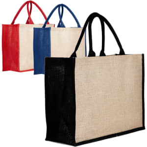 Three jute bags in natural, red, blue, and black colours, featuring sturdy handles and a plain design.