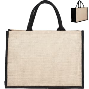 A jute bag in natural beige with black handles, featuring a simple design and a logo.