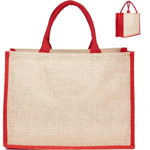 A jute bag in natural beige with red handles and edges, featuring a simple design and a logo.