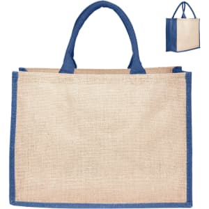 A jute bag featuring a natural beige colour with navy blue handles, and a logo positioned on one side.