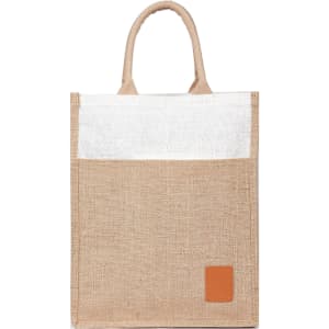 A reusable jute bag in natural brown with a white top and a brown leather patch, featuring two handles.