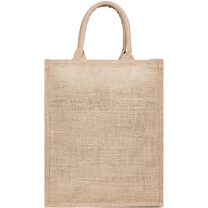 A jute bag in a natural beige colour with two sturdy handles and a blank surface. It features a logo.