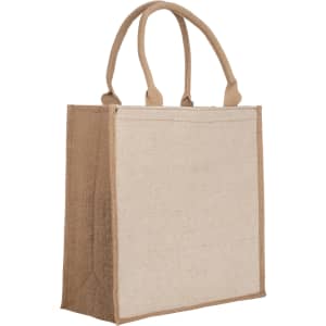 A reusable shopping bag in natural beige with brown accents and sturdy handles. Features a branding logo.