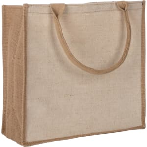 A reusable grocery bag in natural jute with tan handles and a simple design. It features a branding logo.