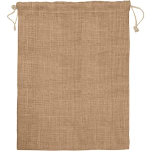 A natural jute bag with a drawstring closure, featuring a textured surface in a light brown hue.