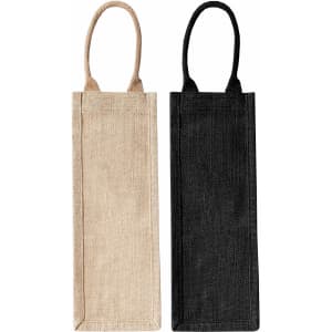A jute wine carrier featuring two colours: natural beige and black, with handles for easy carrying.