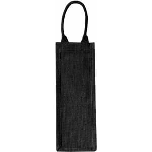 A black jute wine carrier with a handle, featuring a simple and minimalist design, includes a branding logo.