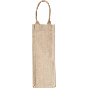 A jute wine carrier in a natural beige colour with two handles. It features a simple design and has a logo.