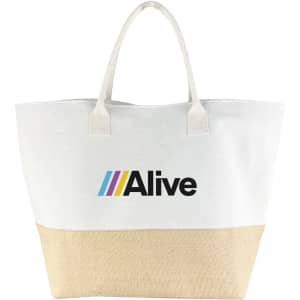 A large tote bag in cream and jute, featuring a logo on the front.