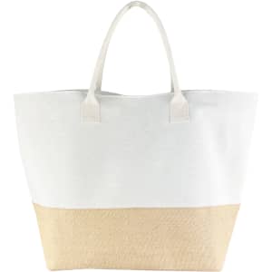 A large tote bag featuring a white canvas upper and a natural jute lower section, with sturdy handles.