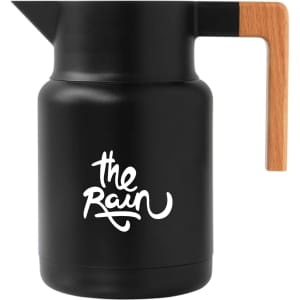 A drink bottle in matte black with a wooden handle and a logo on the front.