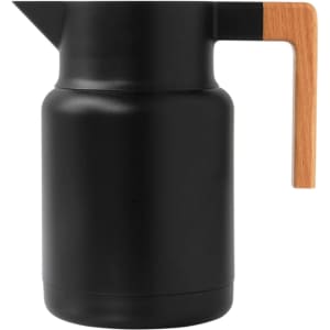 A drink bottle featuring a sleek black design with a wooden handle and a spout. It has a logo on the surface.