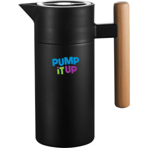 A drink bottle with a black body, wooden handle, and a logo, designed for serving beverages.