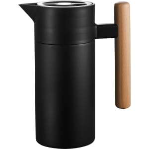 A drink bottle in matte black with a wooden handle and a spout, featuring a logo on the side.