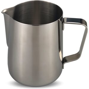 A stainless steel milk jug with a pouring spout and a handle, perfect for tea and coffee accessories.