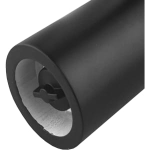 A black Maxwell Grinder with a cylindrical shape and a circular opening at one end. It has a logo on the surface.