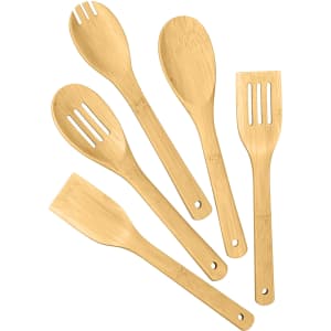 A bamboo cutlery set featuring five utensils in various shapes and sizes, all made from natural bamboo.