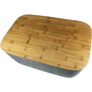 Ava Tub in grey felt with a bamboo lid, featuring a rectangular design and rounded edges. Includes branding.