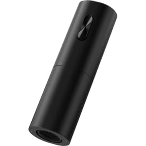 A drink bottle opener in sleek black with a cylindrical design and a discreet logo.
