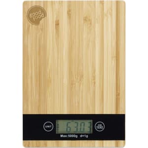 A bamboo kitchen scale with a digital display, featuring a black base and a logo at the top.