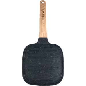 A square grill pan with a non-stick black surface and a wooden handle, featuring a logo on the handle.