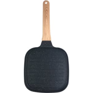 A square grill pan with a non-stick surface and a wooden handle, featuring a black speckled design.