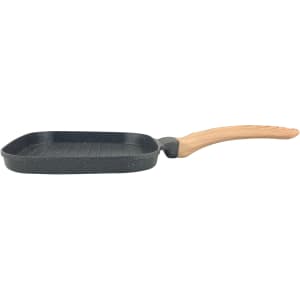 A square grill pan featuring a non-stick surface and a wooden handle, coloured in dark grey with a speckled finish.