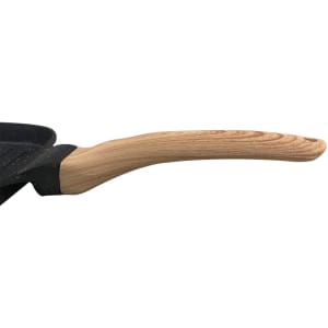 A square grill pan with a black non-stick surface and a wooden handle. It features a sleek design.