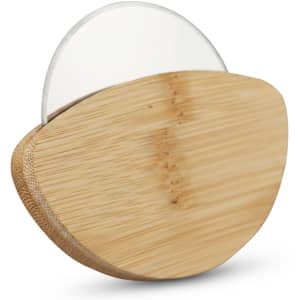 A bamboo pizza cutter with a rounded bamboo handle and a stainless steel blade.
