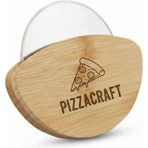 A bamboo pizza cutter with a rounded handle featuring a pizza graphic and a logo.