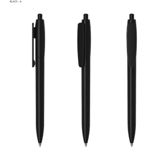 A set of black plastic pens featuring a sleek design and clip for convenience, with branding visible.