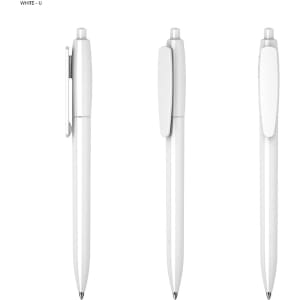 A plastic pen in white, featuring a sleek design and a clip on the side, with a visible logo.