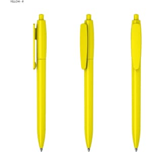 A set of three yellow plastic pens with a streamlined design and clip for easy attachment. Each pen has a cap.