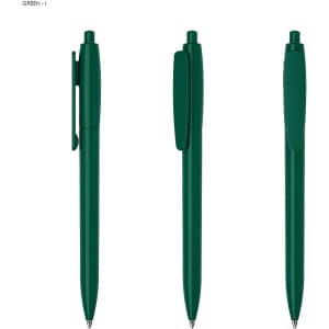 A green plastic pen with a clip, displayed from multiple angles. The pen features a click mechanism at the top.