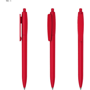 A set of three red plastic pens featuring a clip and a sleek design, with one showing the top, side, and front views.