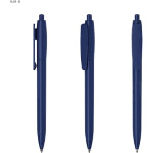 A blue plastic pen with a sleek design and a clip, displayed from multiple angles. It features a simple logo.