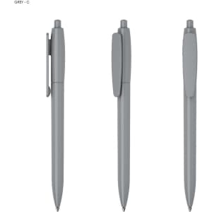 A grey plastic pen featuring a clip and smooth design, displayed from three angles. The pen has a branding logo.